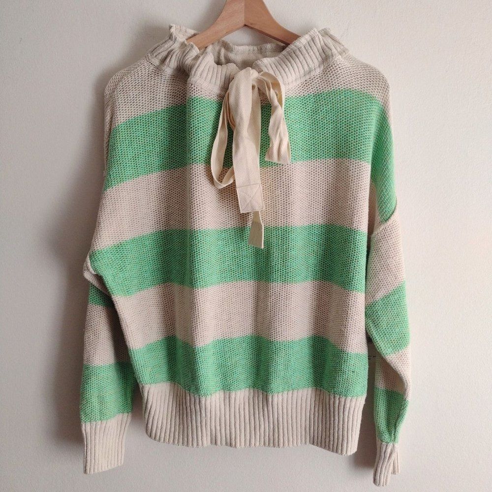 Free People Striped Linen Blend Sweater XS NEW Oversized Green Ivory Pullover - Picture 11 of 11